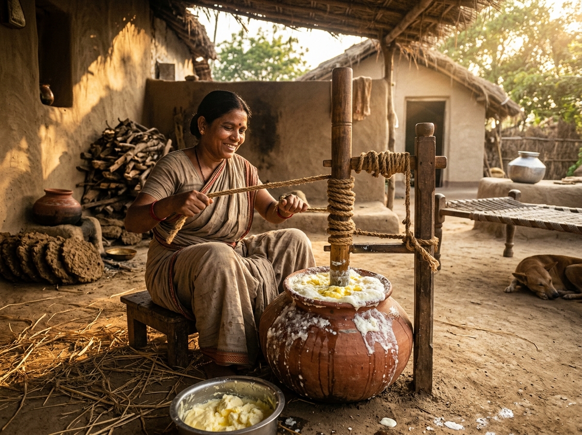 Traditional Vedic Bilona churning in earthen clay pot