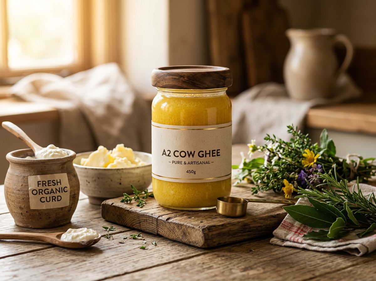 Gruhaved Pure A2 Gir Cow Bilona Ghee in glass jar